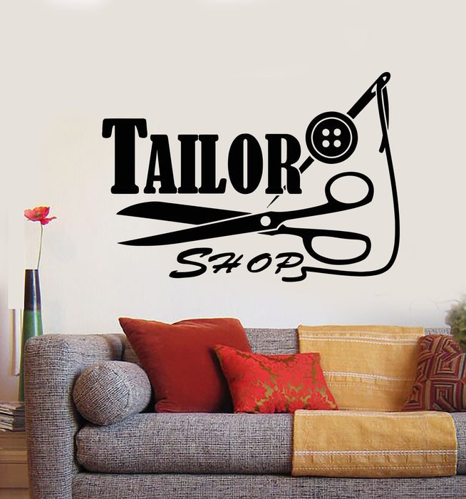 Vinyl Wall Decal Seamstress Tailor Shop Logo Threads Needle Scissors Stickers (2225ig)