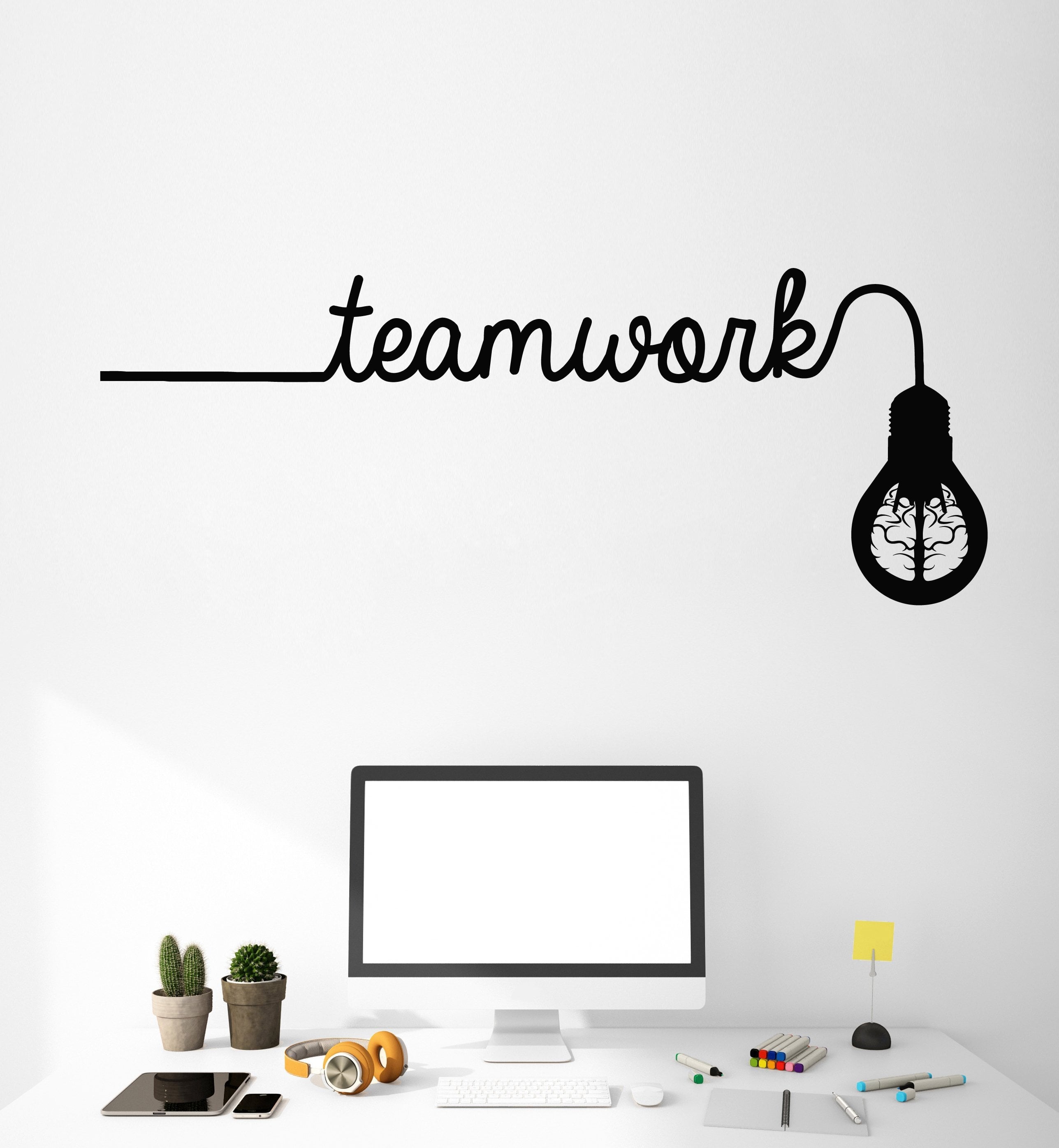 Vinyl Wall Decal Brain Idea Light Bulb Teamwork Office Decor Stickers ...
