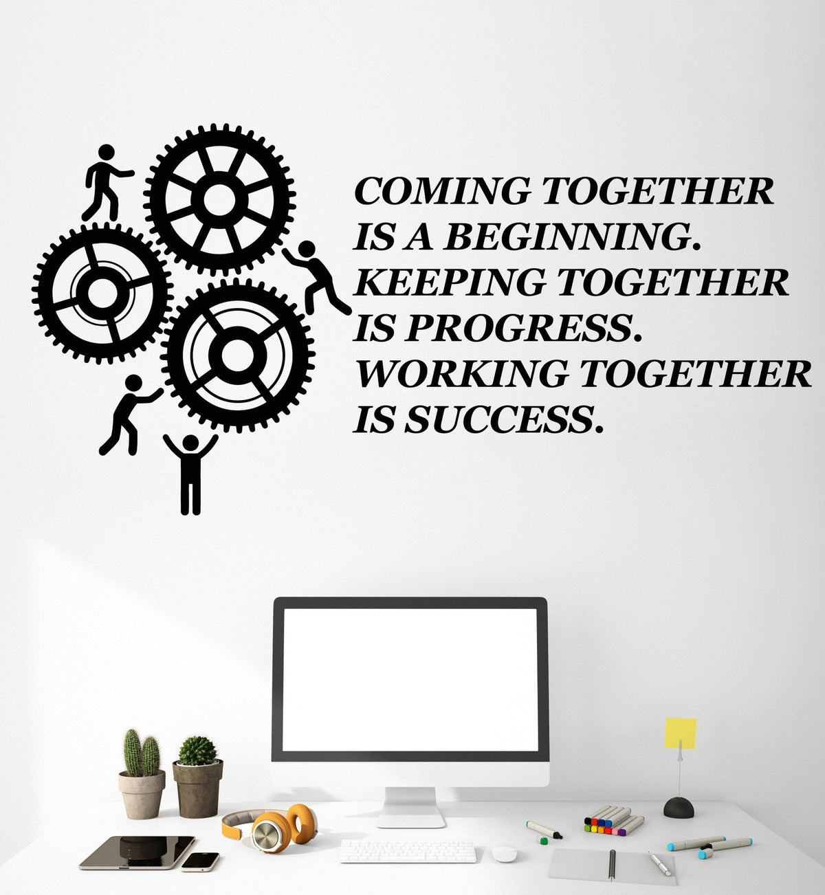 Vinyl Wall Decal Teamwork Quote Office Motivation Gears Stickers Mural ...