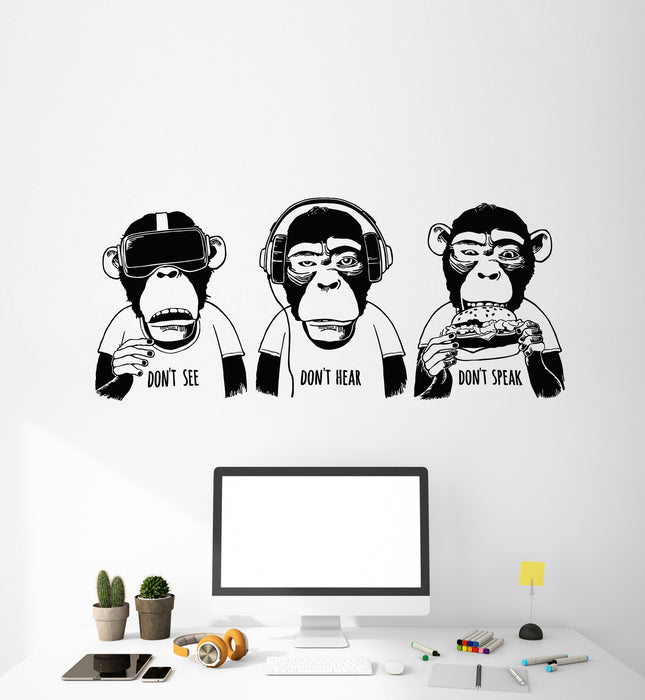 Vinyl Wall Decal Three Monkeys Quote Don't See Hear Speak Teen Room Stickers (3848ig)