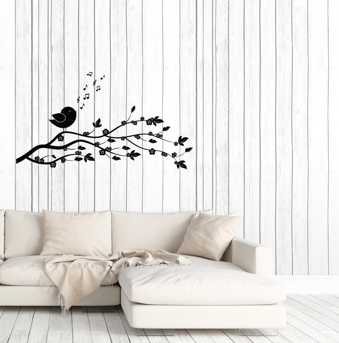 Vinyl Wall Decal Cartoon Tree Branch With Flowers Songbird Stickers (3795ig)