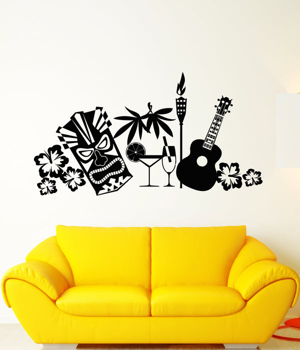 Vinyl Wall Decal Tropical Beach Style Guitar Mask Flowers Stickers (2381ig)