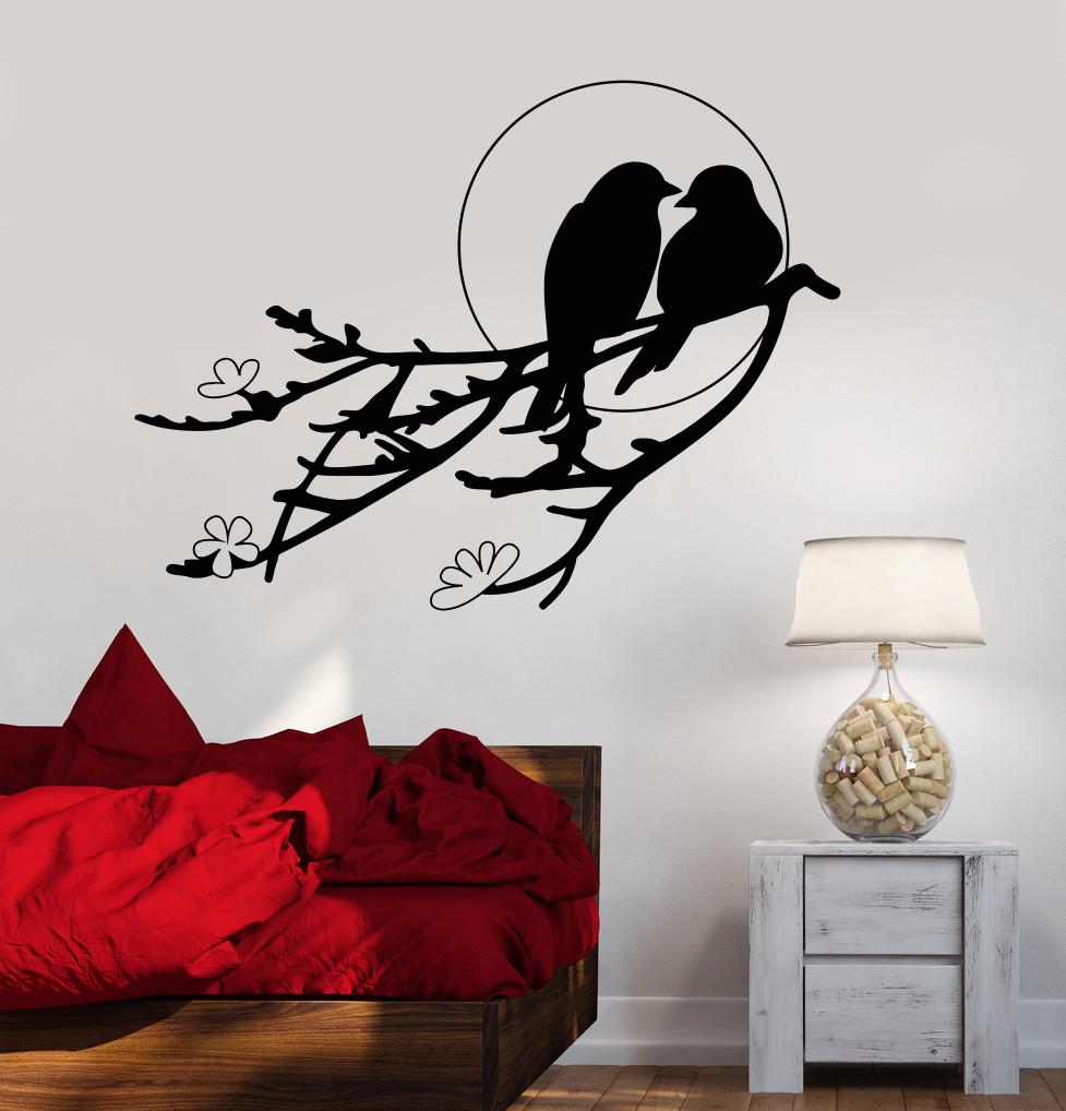 Vinyl Wall Decal Two Birds Sunset Tree Branch Romance Flowers Stickers ...