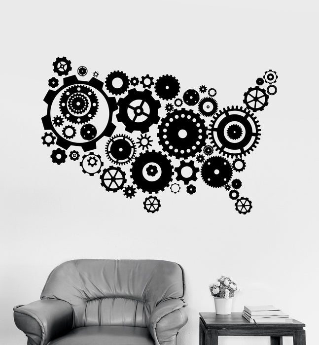 Vinyl Wall Decal USA Map Gears United States Patriotic Art Stickers Unique Gift (ig3997)
