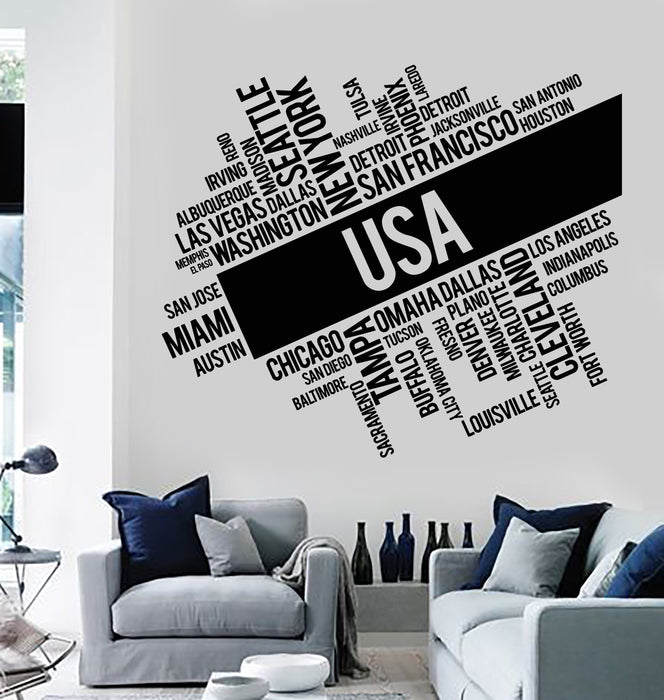 Vinyl Wall Decal USA Cities Abstract Map United States Stickers Murals Unique Gift (ig4794)