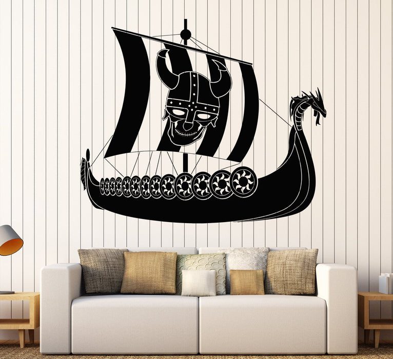 Vinyl Wall Decal Viking Pirate Ship Sailor Sail Skull Helmet With Horns Stickers Unique Gift (1921ig)