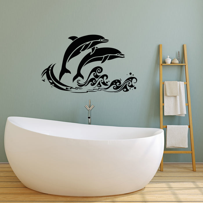 Vinyl Wall Decal Sea Waves Fish Dolphins Nautical Style Cartoon Bathroom Decor Stickers (4249ig)