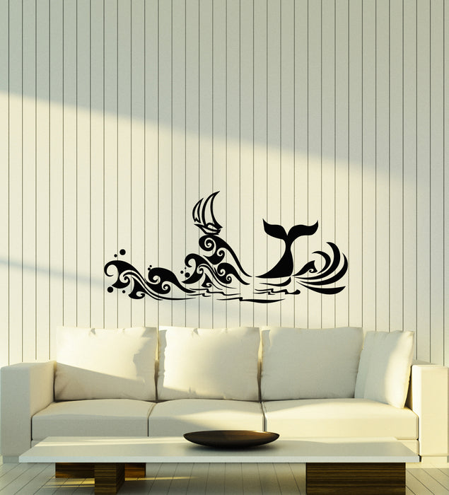 Vinyl Wall Decal Cartoon Sea Waves Ship Nautical Whale Tail Stickers (3719ig)