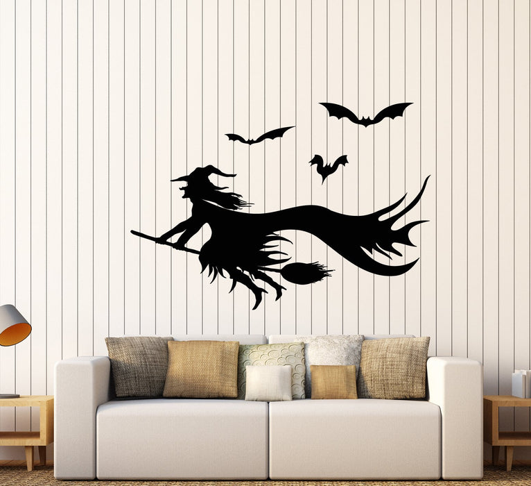 Vinyl Wall Decal Cartoon Witch Besom Halloween Bat Stickers (2395ig)