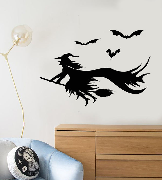 Vinyl Wall Decal Cartoon Witch Besom Halloween Bat Stickers (2395ig)