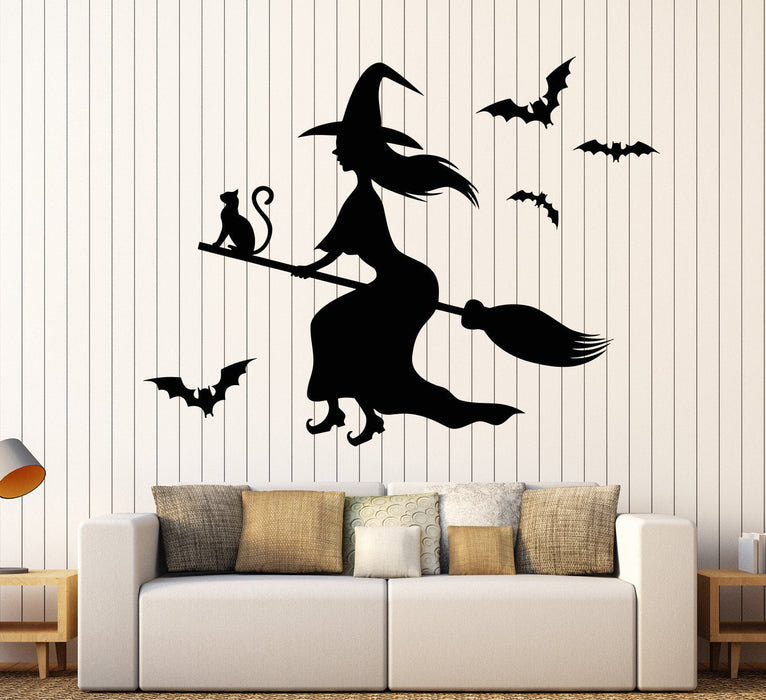 Vinyl Wall Decal Witch Black Magic Cat Besom Halloween Stickers Unique Gift (980ig)