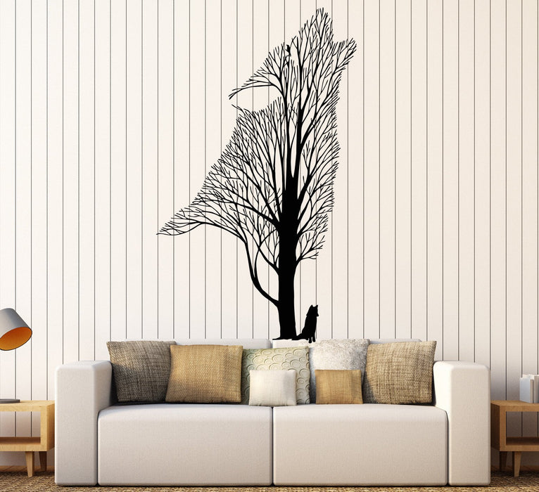 Vinyl Wall Decal Tree Howling Wolf Raven Animals Gothick Style Stickers Unique Gift (1242ig)