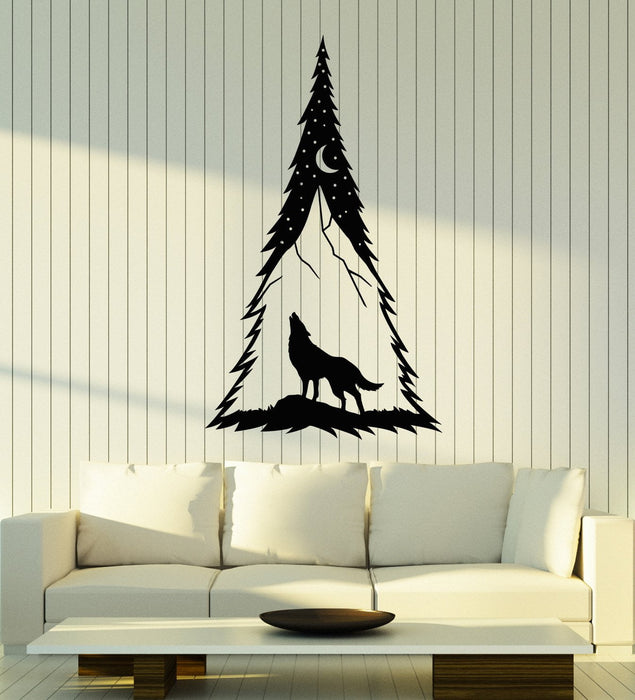Vinyl Wall Decal Spruce Tree Forest Moon Howling Wolf Predator Animal Stickers (2545ig)