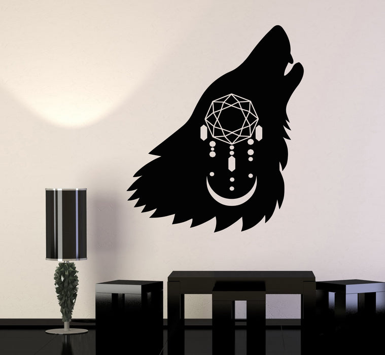 Vinyl Wall Decal Howling Wolf Head Dreamcatcher Moon Predator Stickers Unique Gift (1388ig)