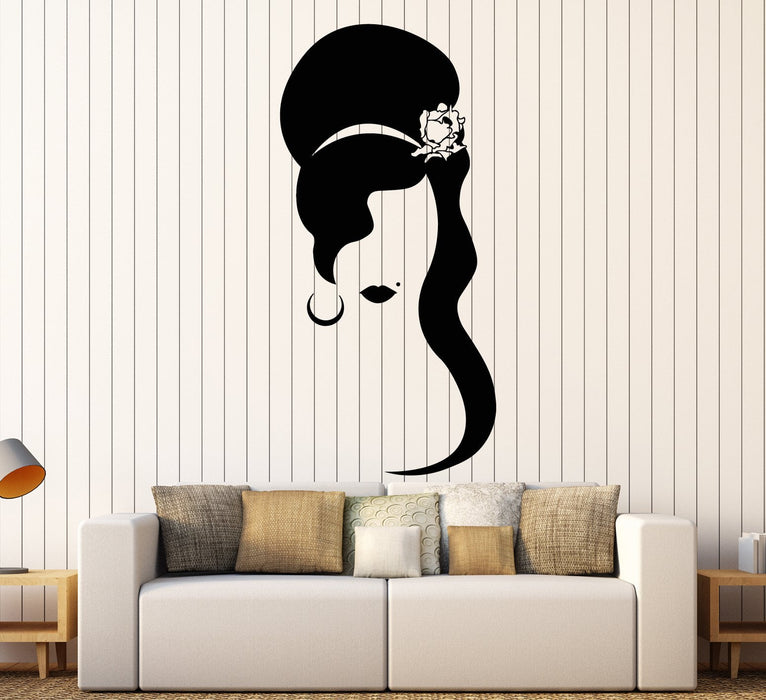 Vinyl Wall Decal Girl Hairstyle With Rose Flower Lips Beauty Spot Stickers (2630ig)