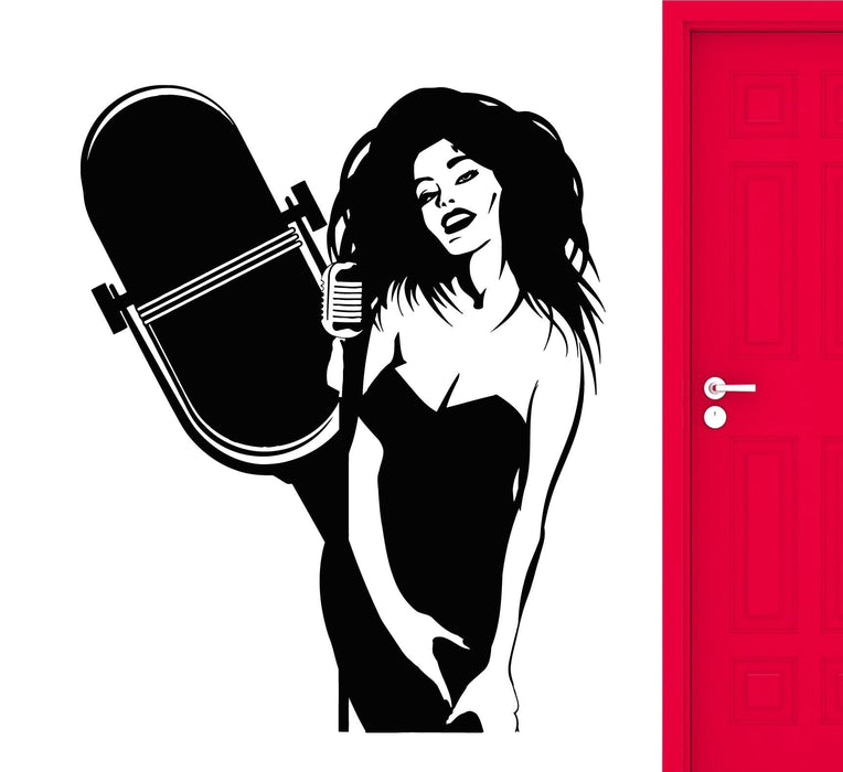 Vinyl Wall Decal Karaoke Club Singer Girl Retro Music Microphone Stickers Unique Gift (1733ig)