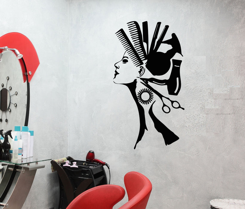 Salon Stylist Beauty Spa Woman Portrait Comb Hair Dryer Hairdresser Tools Vinyl Wall Decal Decor Stickers (3150ig)