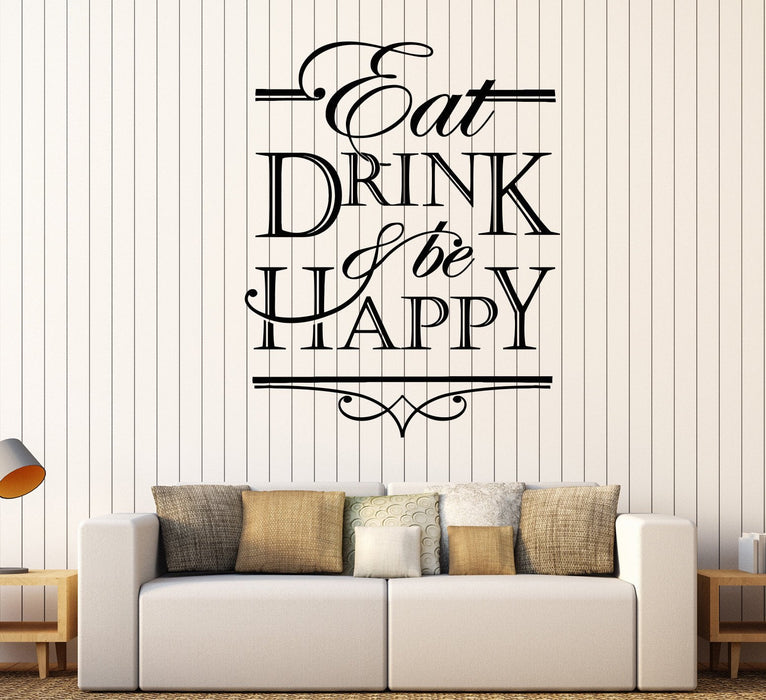 Vinyl Wall Decal Quote Words Eat Drink And Be Happy Kitchen Decor Stickers Unique Gift (1554ig)
