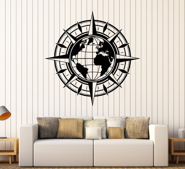 Vinyl Wall Decal Map Of World Compass Travel Globe Earth Stickers Unique Gift (1442ig)