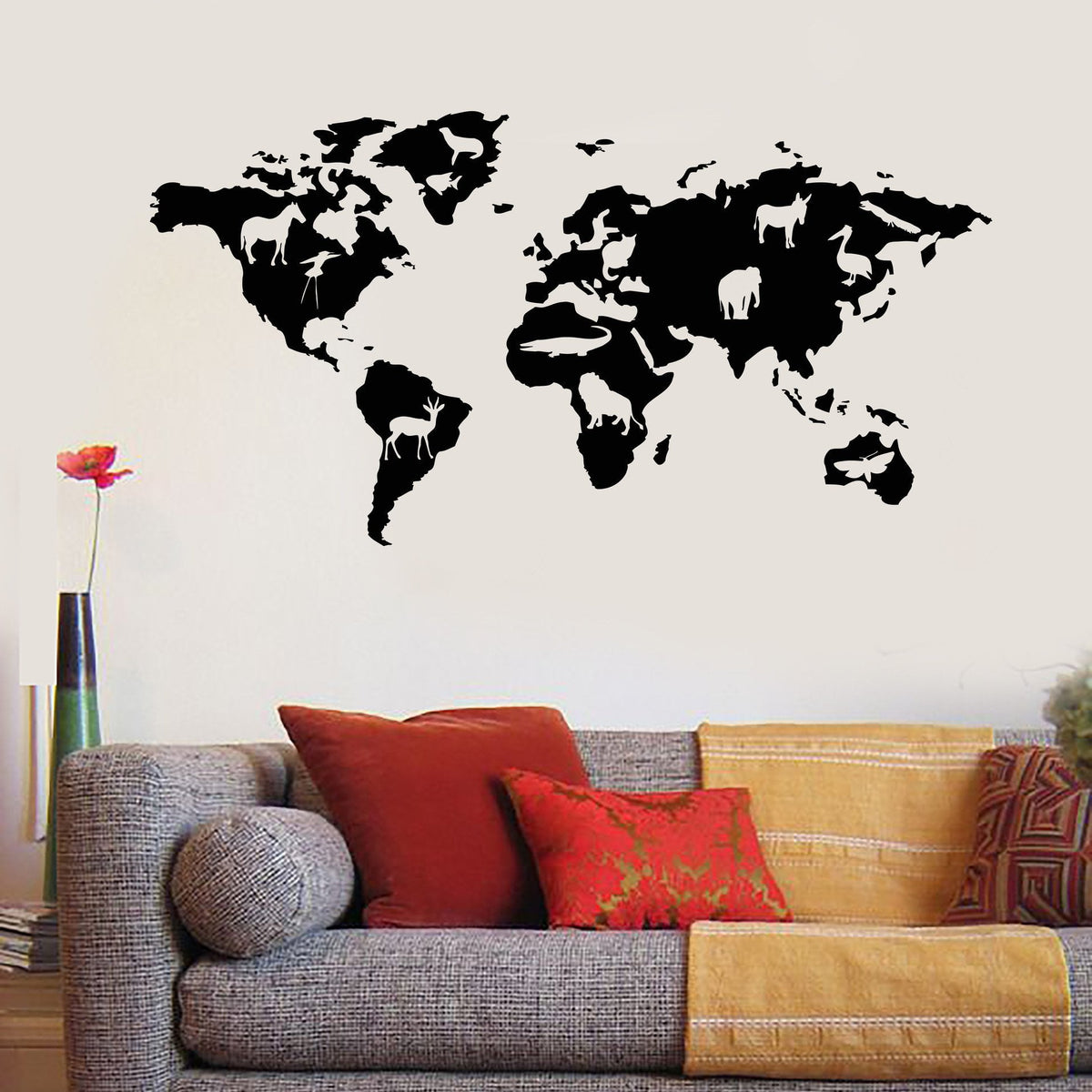 Vinyl Wall Decal World Map Animals Nature School Geography Stickers Un ...