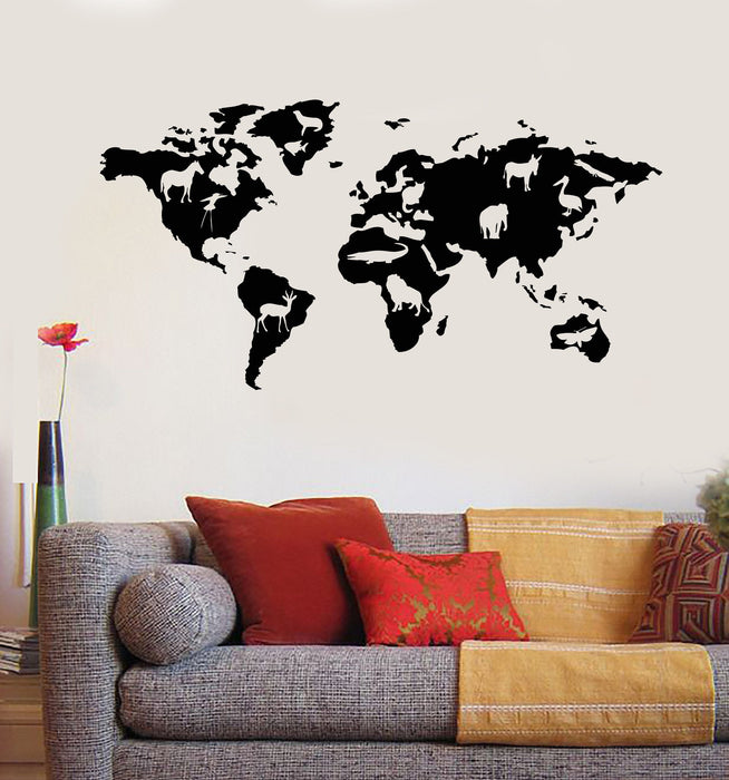 Vinyl Wall Decal World Map Animals Nature School Geography Stickers Unique Gift (945ig)