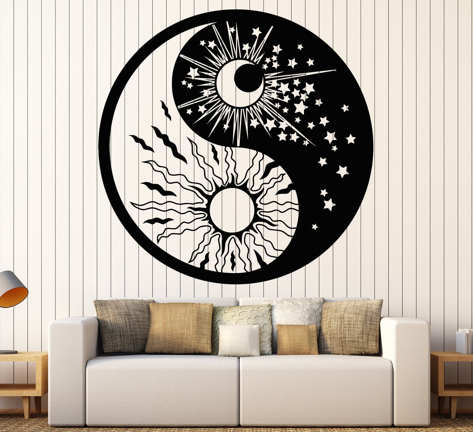 Vinyl Wall Decal Yin Yang Symbol Sun Moon Buddhism Stars Bedroom ...