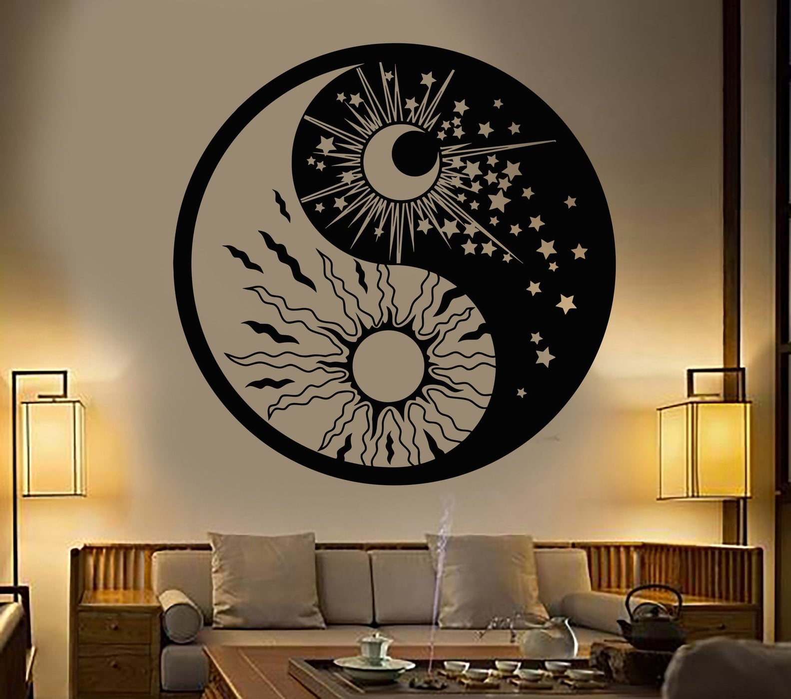 Vinyl Wall Decal Yin Yang Symbol Sun Moon Buddhism Stars Bedroom ...