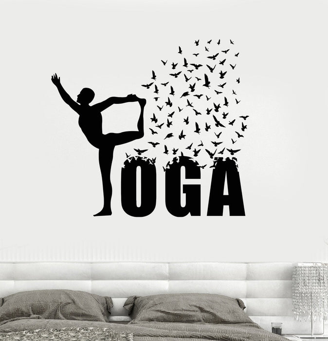 Vinyl Wall Decal Yoga Pose Birds Meditation Woman Stickers Unique Gift (ig3922)