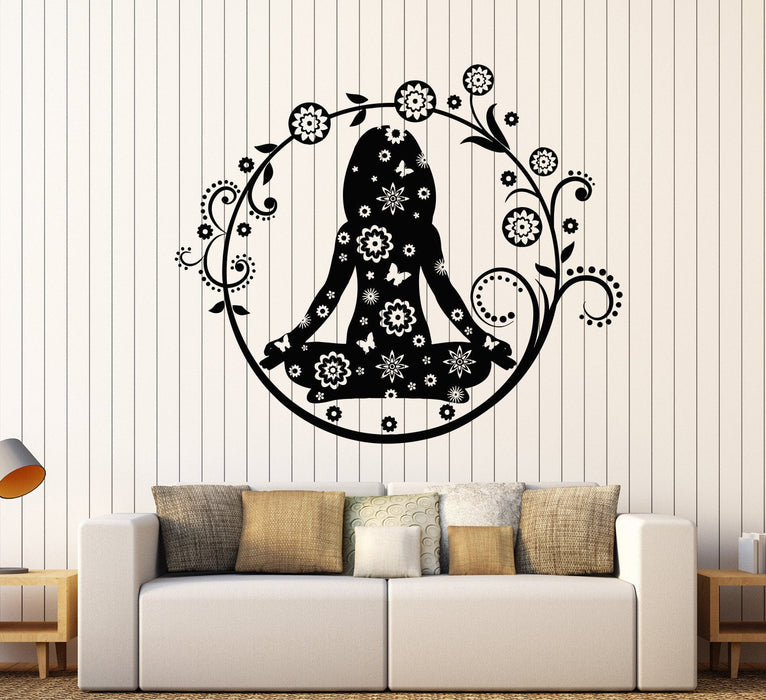 Виниловая наклейка на стену Йога-центр Поза лотоса Женщина Цветы Наклейки Уникальный подарок (804ig)
