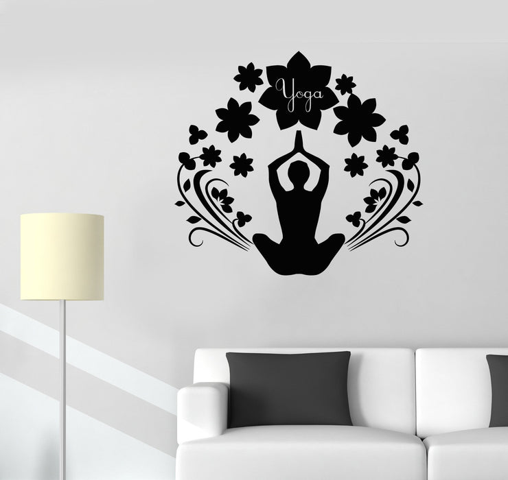 Vinyl Wall Decal Yoga Hinduism Meditation Pose Floral Art Stickers Unique Gift (592ig)