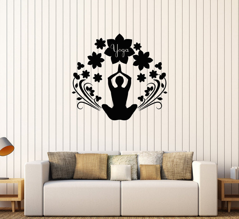 Vinyl Wall Decal Yoga Hinduism Meditation Pose Floral Art Stickers Unique Gift (592ig)