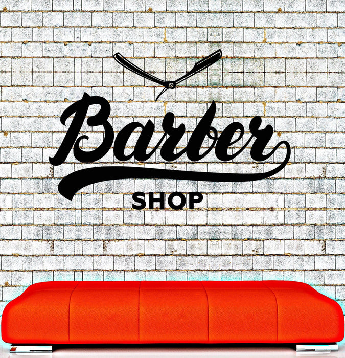 Autocollant mural en vinyle Barbershop Word Salon de coiffure Rasoir droit Autocollants Cadeau unique (ig4196)