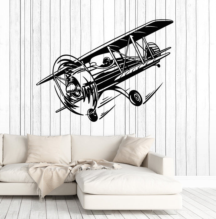 Vinyl Wall Decal Biplane Retro Plane Aircraft Boy Room Stickers Mural Unique Gift (ig4939)