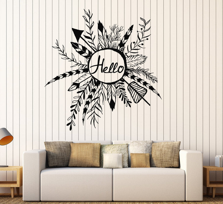 Vinyl Wall Decal Rustic Style Wreath Hello Ethnic Arrows Feathers Stickers Unique Gift (ig4047)