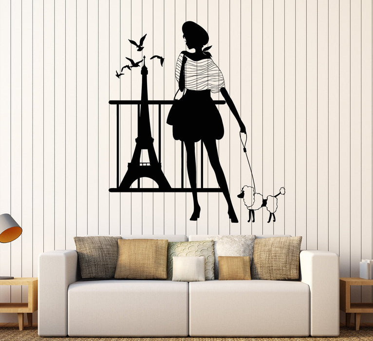 Vinyl Wall Decal French Woman Eiffel Tower Dog France Stickers Unique Gift (ig4416)