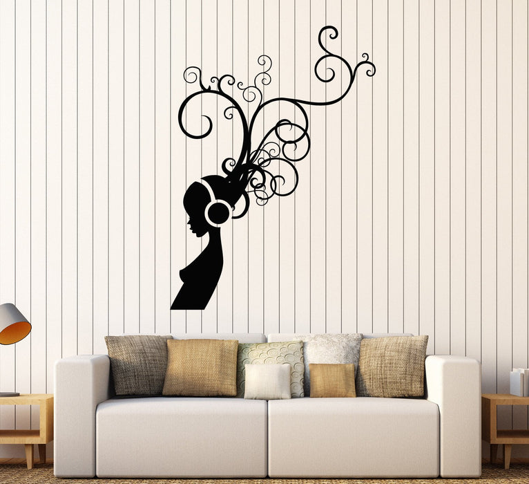 Autocollant mural en vinyle Fille au casque Salle de musique Autocollants d'art musical Cadeau unique (ig3978)