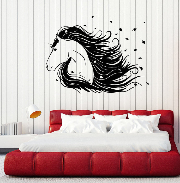 Vinyl Wall Decal Beautiful Horse Head Mane Leaves Animal Stickers Mural Unique Gift (ig4957)