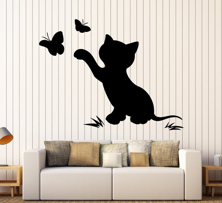 Vinyl Wall Decal Cat Kitten Butterfly Nursery Child Room Stickers Unique Gift (ig3912)