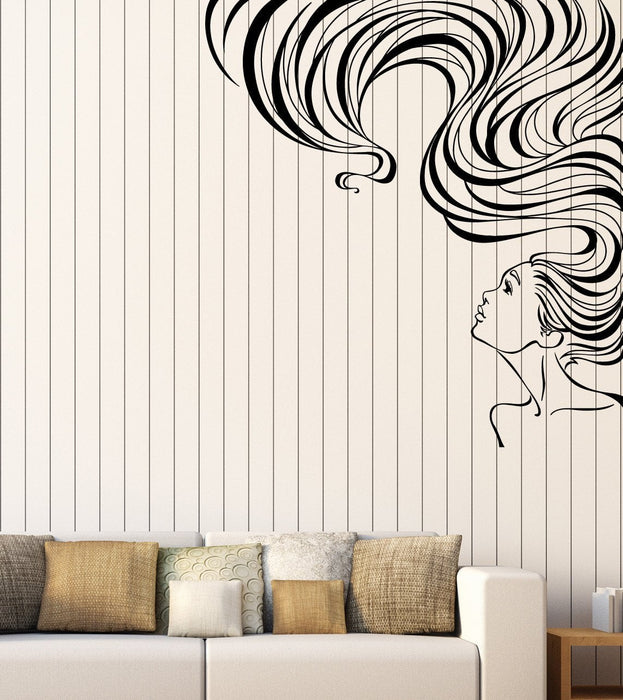 Autocollant mural en vinyle pour femme aux cheveux longs, salon de beauté, cadeau unique (ig3893)