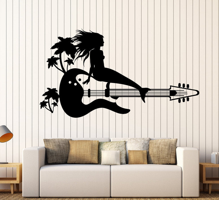 Vinyl Wall Decal Mermaid Siren Palm Guitar Musical Stickers Unique Gift (ig3860)
