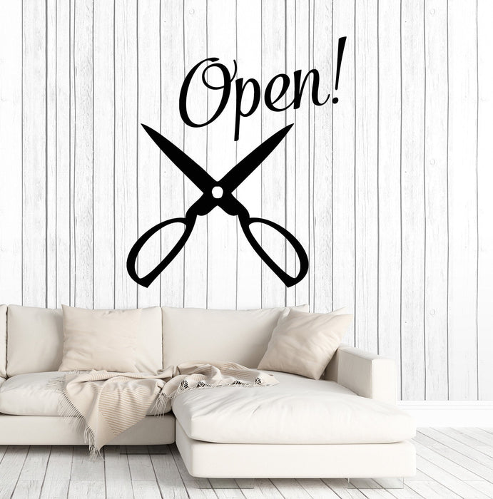 Vinyl Wall Decal Open Hair Salon Scissors Barbershop Beauty Stickers Mural Unique Gift (ig4958)