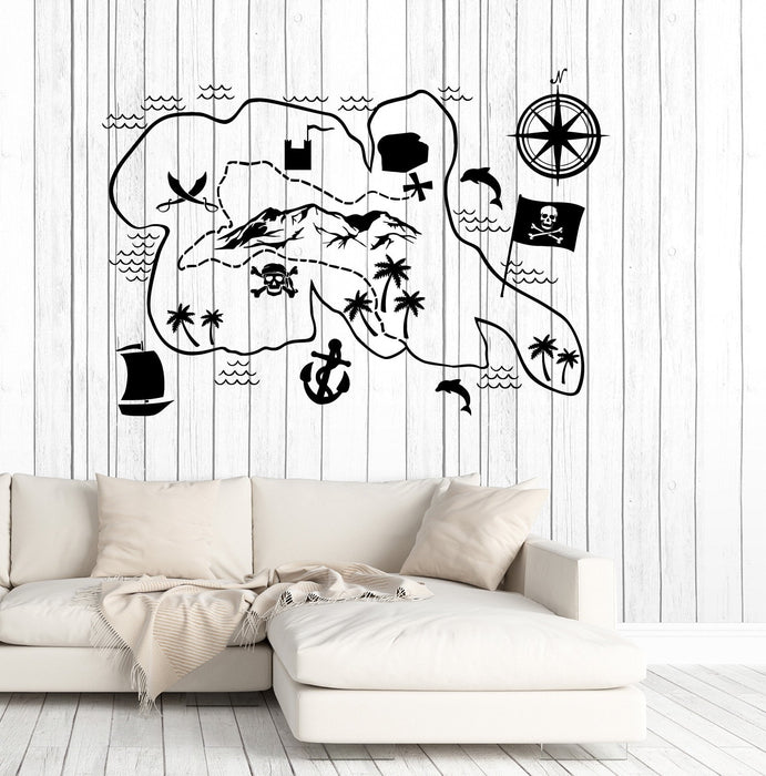 Autocollant mural en vinyle Carte des pirates Trésors Chambre d'enfant Aventure Idée d'art Autocollants Cadeau unique (ig4880)