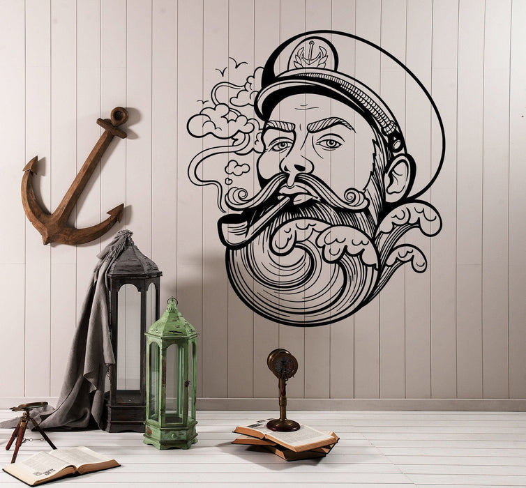 Vinyl Wall Decal Sailor Beard Wave Nautical Marine Sea Stickers Unique Gift (ig4128)