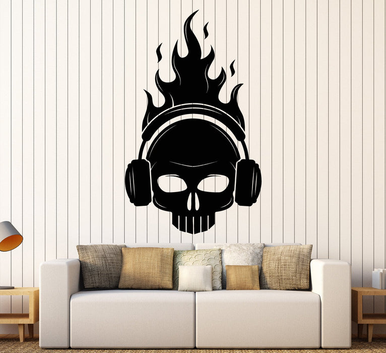 Vinyl Wall Decal Skull Headphones Fire Musical Decor Stickers Unique Gift (ig4413)
