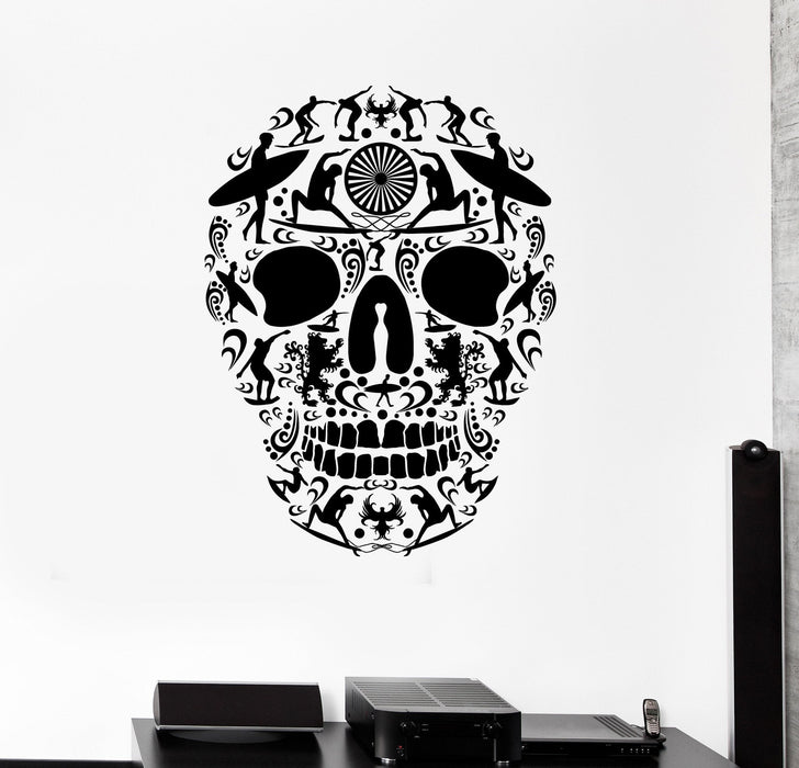 Autocollant mural en vinyle pour chambre d'adolescent Motif tête de mort et vague de surf (ig4492)