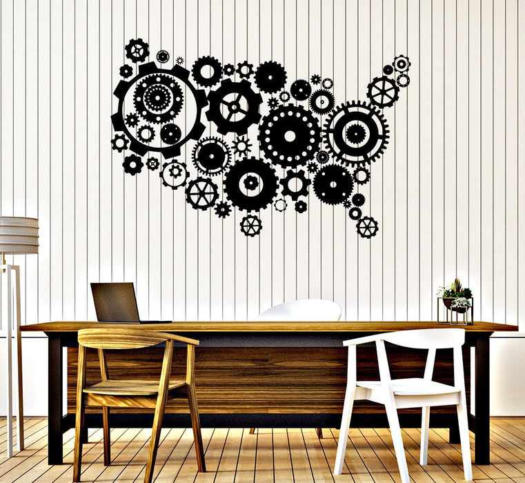 Vinyl Wall Decal USA Map Gears United States Patriotic Art Stickers Unique Gift (ig3997)