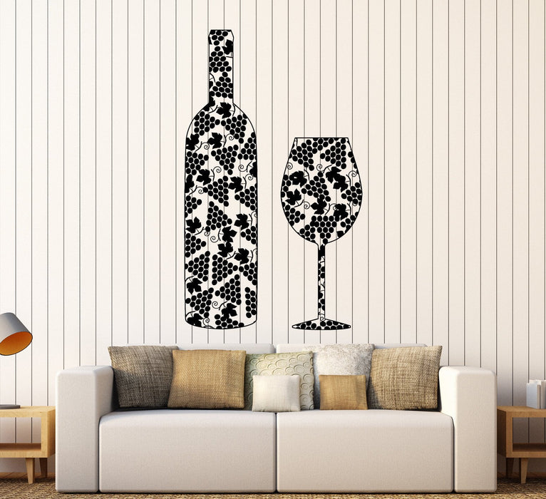 Vinyl Wall Decal Wine Bottle Glass Grapes Alcohol Bar Stickers Unique Gift (ig3947)