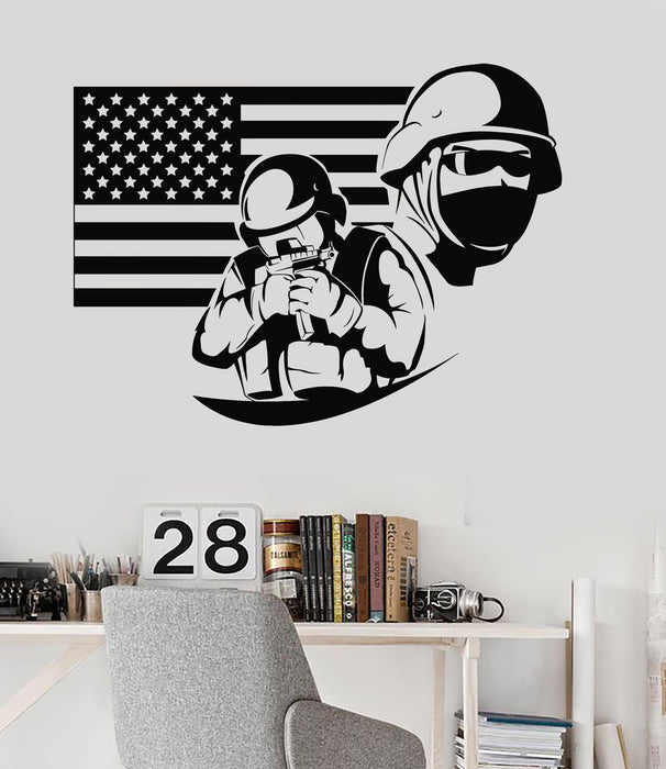 Vinyl Wall Decal American Flag Soldier Military War USA Patriotic Decor Stickers Unique Gift (ig3629)