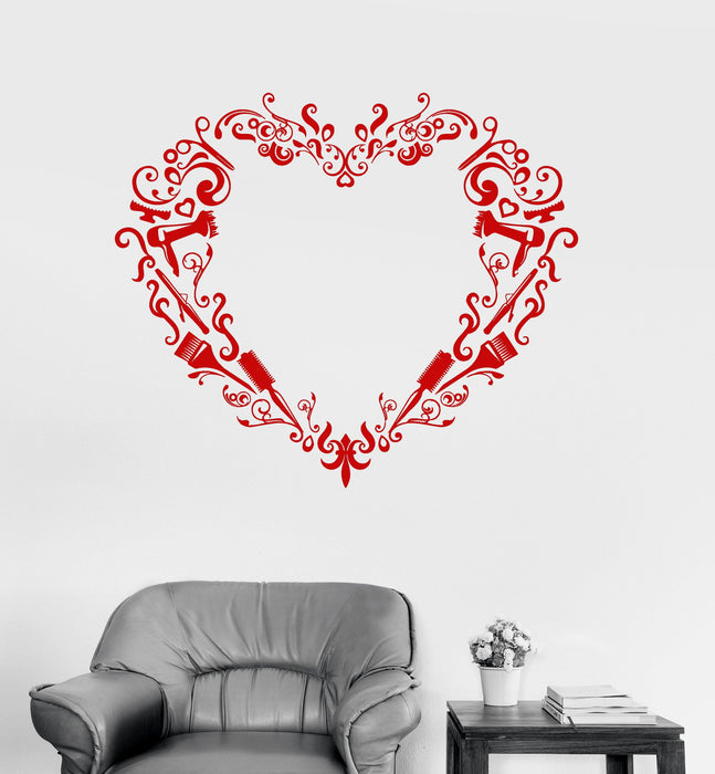 Vinyl Wall Decal Barber Tools Hairdresser Hair Salon Beauty Heart Stickers Unique Gift (ig3009)