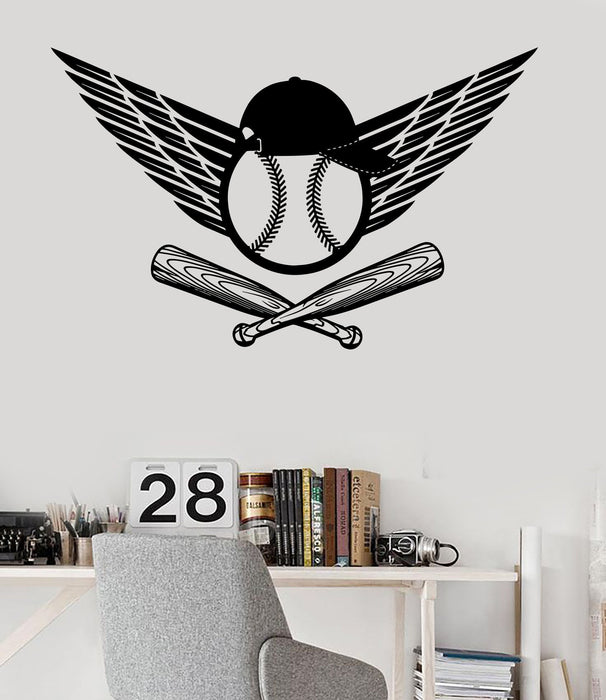 Vinyl Wall Decal Baseball Wings Hat Bat Sports Room Decor Stickers Unique Gift (ig3436)